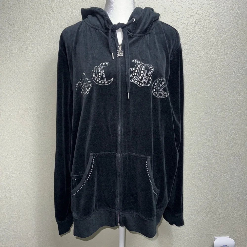 BCBG‎ Max Azria Black Velour Hoodie Rhinestone Bling Y2K McBling Glam 3X